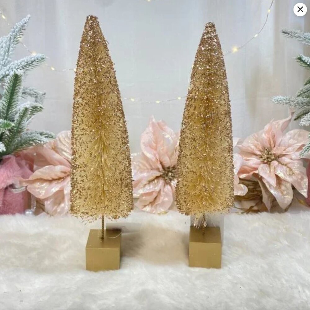 Holiday Village Set of 2 Gold Bottlebrush Prop Christmas Tree New 12"